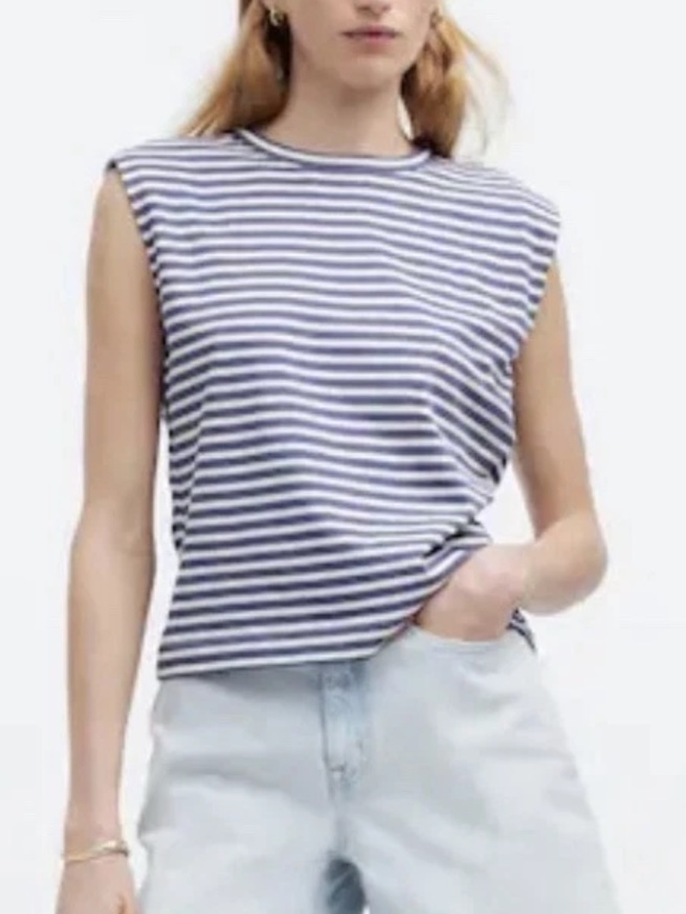 Madewell Womens Blue Grey Striped Structured Shoulder Muscle Tee Tank Top Small - Picture 2 of 8
